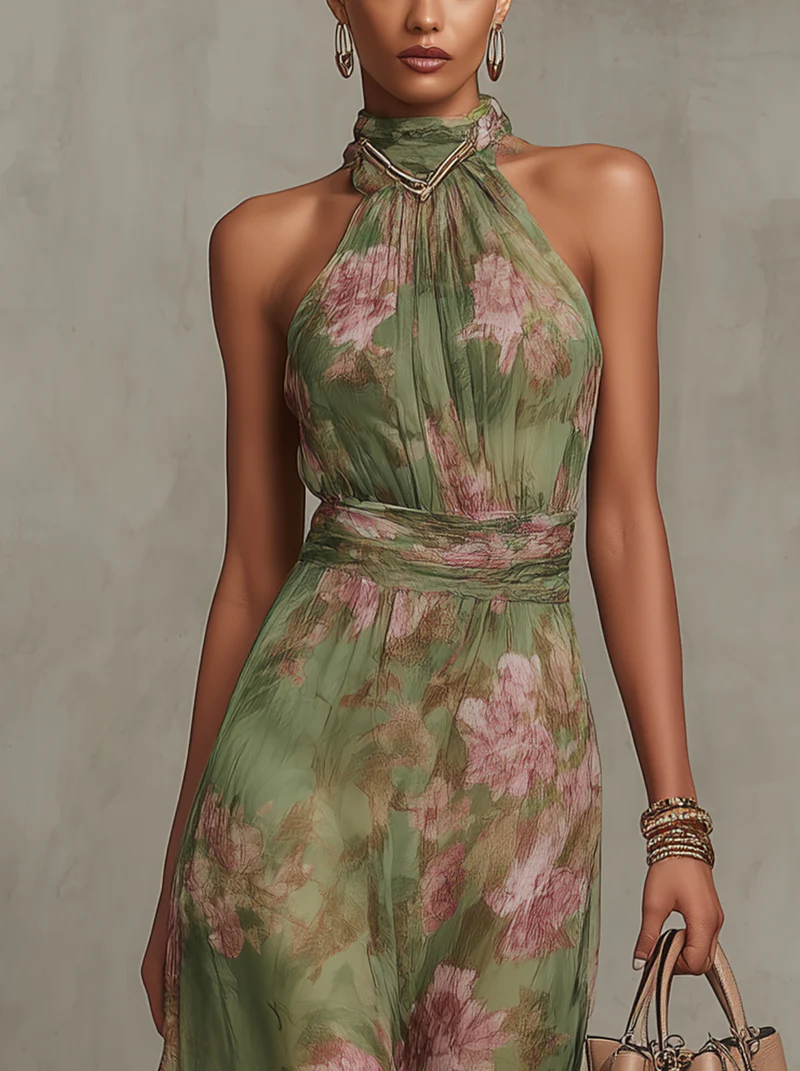 Yanira | Vestido Maxi Floral con Cuello Halter