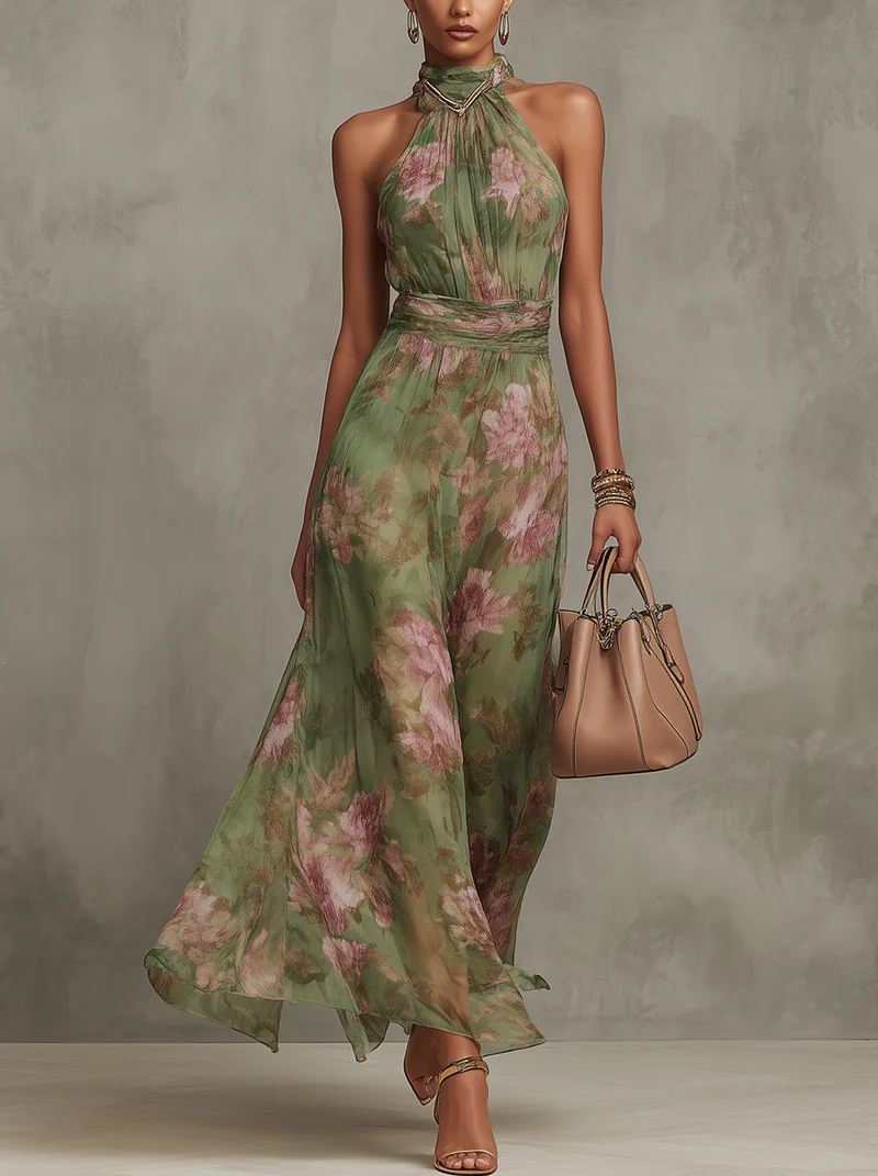Yanira | Vestido Maxi Floral con Cuello Halter