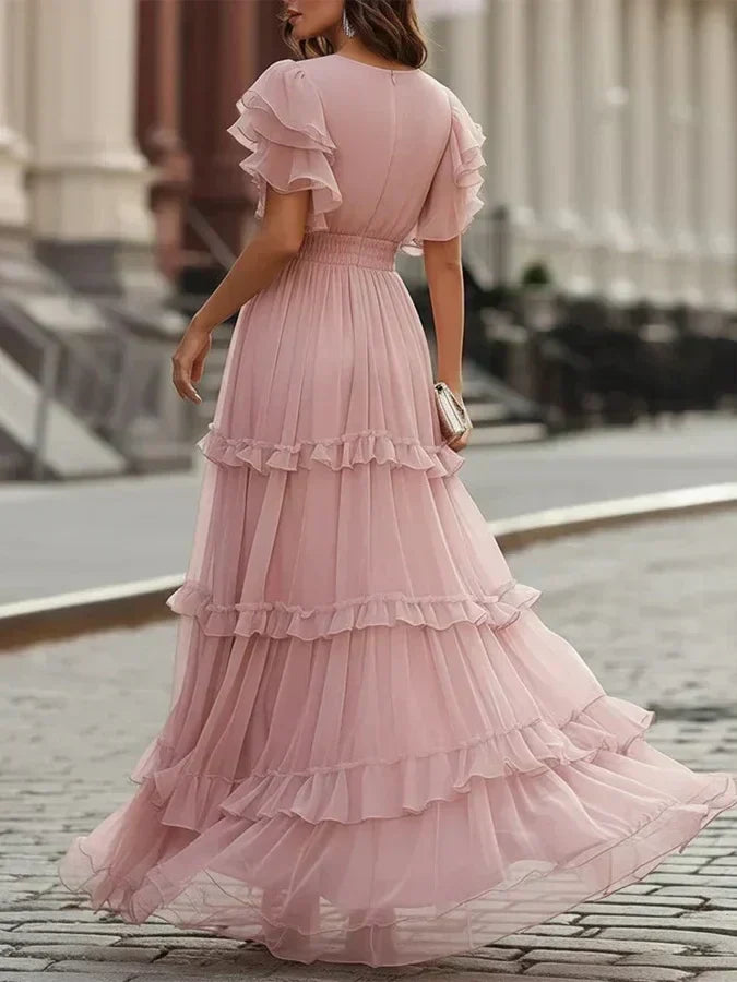 Rosalía | Vestido Maxi Rosa Empolvado con Volantes y Mangas Mariposa
