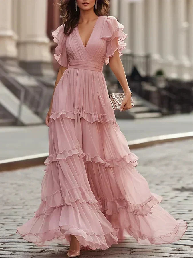 Rosalía | Vestido Maxi Rosa Empolvado con Volantes y Mangas Mariposa