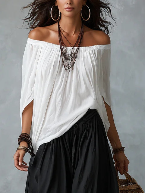 Damaris | Conjunto de Blusa Blanca con Hombros Descubiertos y Pantalón Palazzo Negro