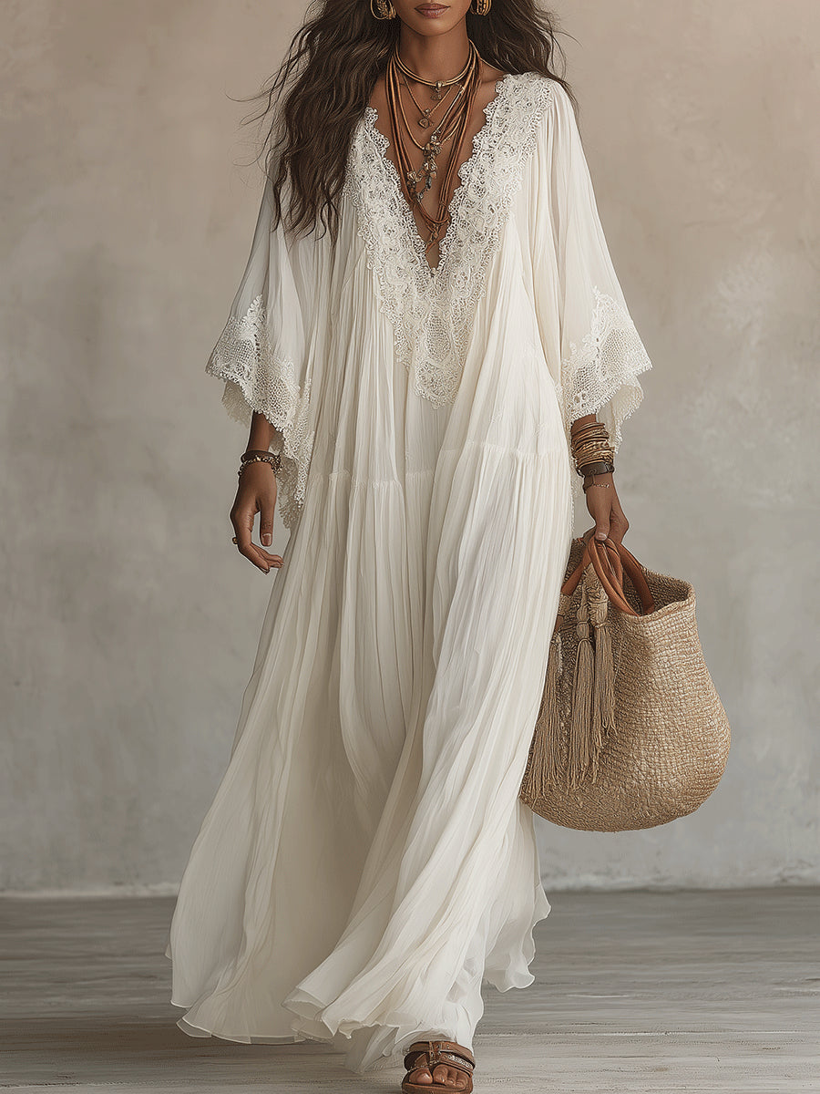Mayra | Vestido Largo Blanco con Escote en V y Encaje