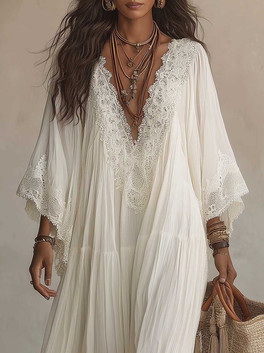 Mayra | Vestido Largo Blanco con Escote en V y Encaje