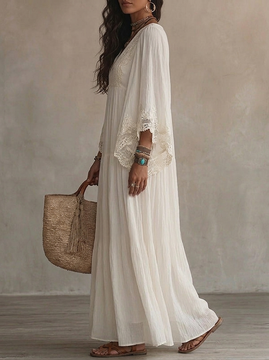 Mayra | Vestido Largo Blanco con Escote en V y Encaje