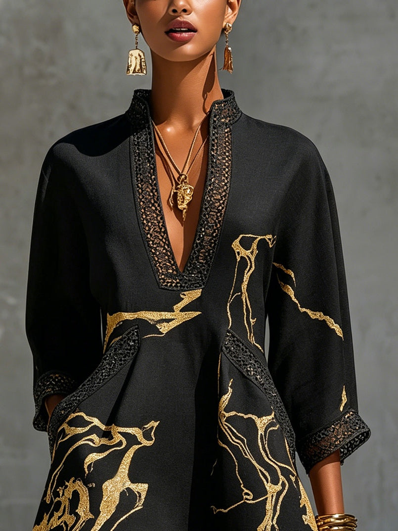 Yesenia | Vestido Corto Negro y Dorado con Encaje de Crochet