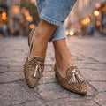 Dalia Mocasines con Borlas Oro y Leopardo